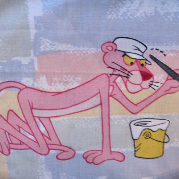Vintage 1980s PINK PANTHER Flat Sheet Full Size Painter Pastels Fabric USA MADE - Picture 2 of 4